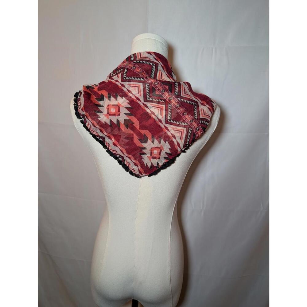 Angels Red and Black Geometric Patterned Women's Scarf with Black Fringe Trim
